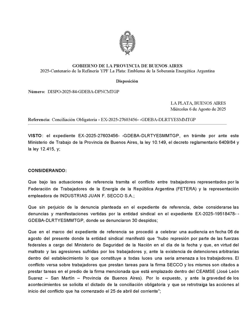 TrabajoPBA's tweet photo. Ante la brutal represión de las fuerzas federales en Industrias Juan F. Secco, el Ministerio de Trabajo dictó la conciliación obligatoria. https://t.co/kAOyt23mHH