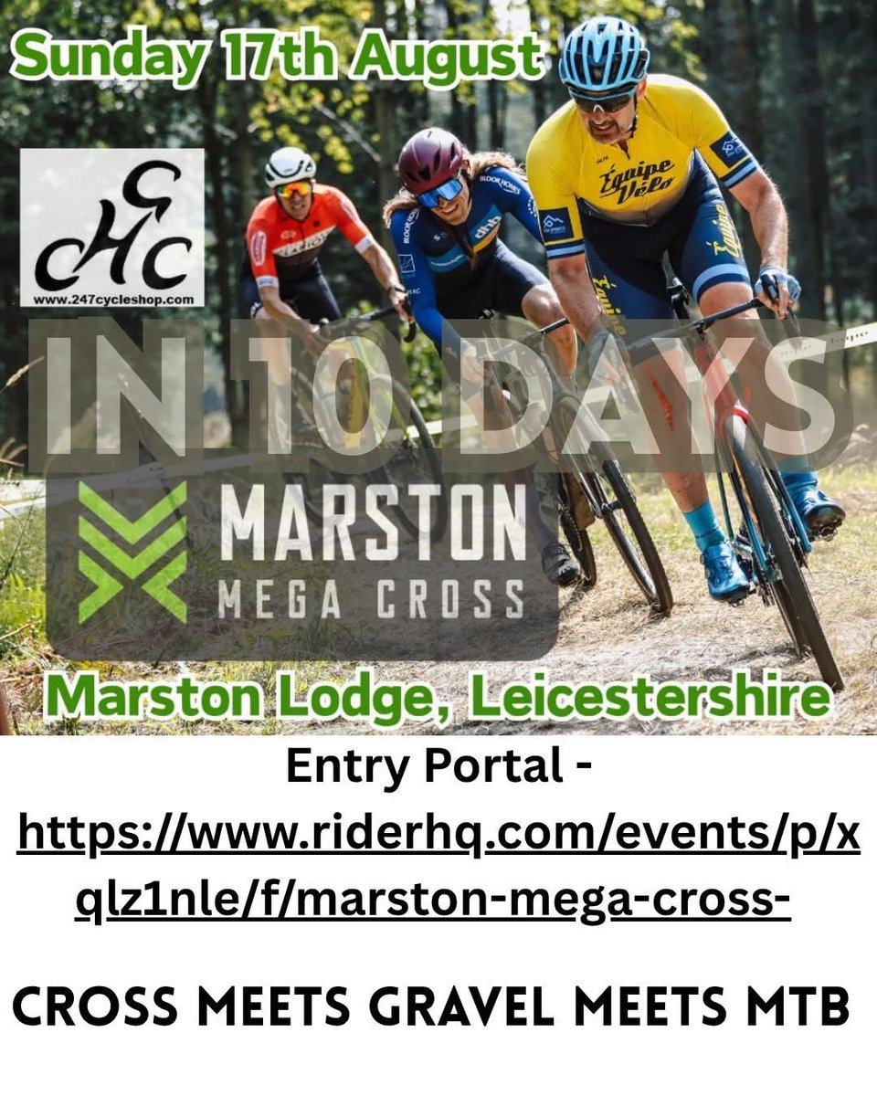 Marston Mega Cross, supported by George Halls Cycle Centre  
3hr 'enduro cross' race suitable for ALL off-road bikes.
Over £2000 in prize money.  
Solos race on their own, pairs relay-style.
Entry Fee - Solo £35, Pairs £55.

riderhq.com/events/p/xqlz1…