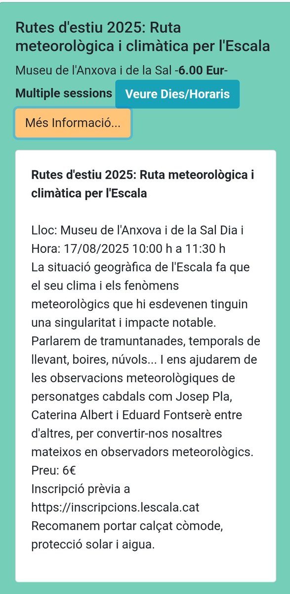 El 17 i 24 d'agost tornem a proposar la ruta meteorològica i climàtica per l'Escala. Un recorregut per aproximar-nos a com funciona la méteo de l'Escala , per apuntar's-hi a:  inscripcions.lescala.cat