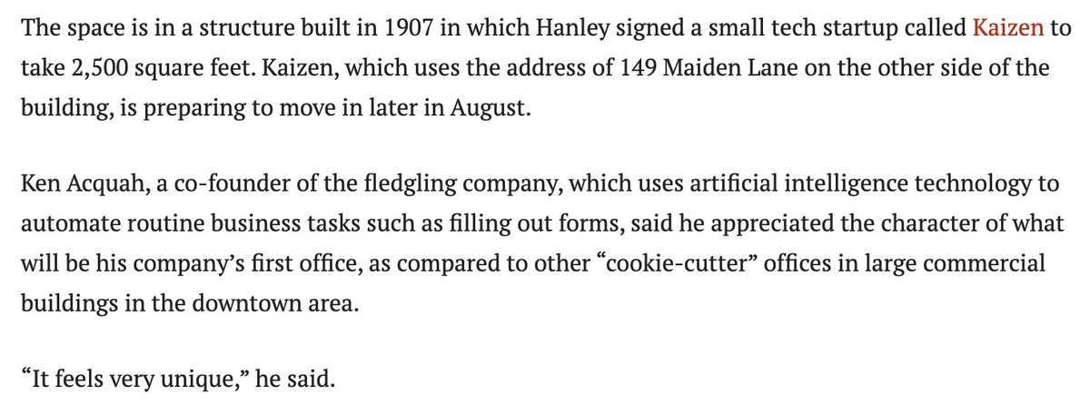 SF is so back.

<a href="/joinkaizen/">Kaizen</a> took a break this morning to move into our new office on historic Maiden Lane.

We work hard, dream big, and now we have a home that reflects it.

SF is electric again, best city in the world to build in technology.

Proud to be a part of the story.