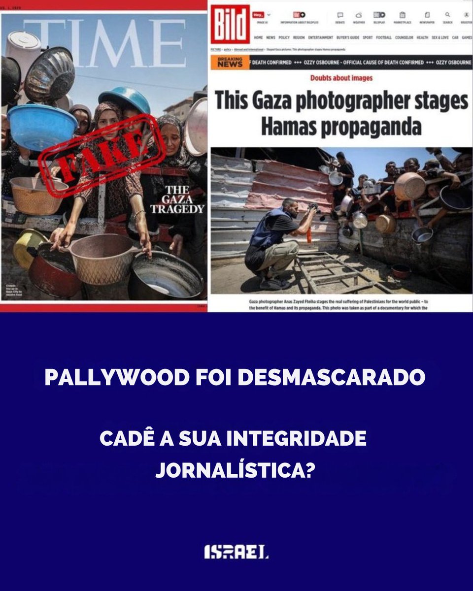Uma foto foi encenada. A outra desmentiu.

Enquanto o <a href="/BILD/">BILD</a>  revelou como os fotógrafos do Hamas montam cenas para propaganda, a revista Time cai na armadilha da propaganda.

É assim que funciona o Pallywood:
Emoção fabricada. Conivência da mídia. A verdade descartada.
<a href="/TIME/">TIME</a>