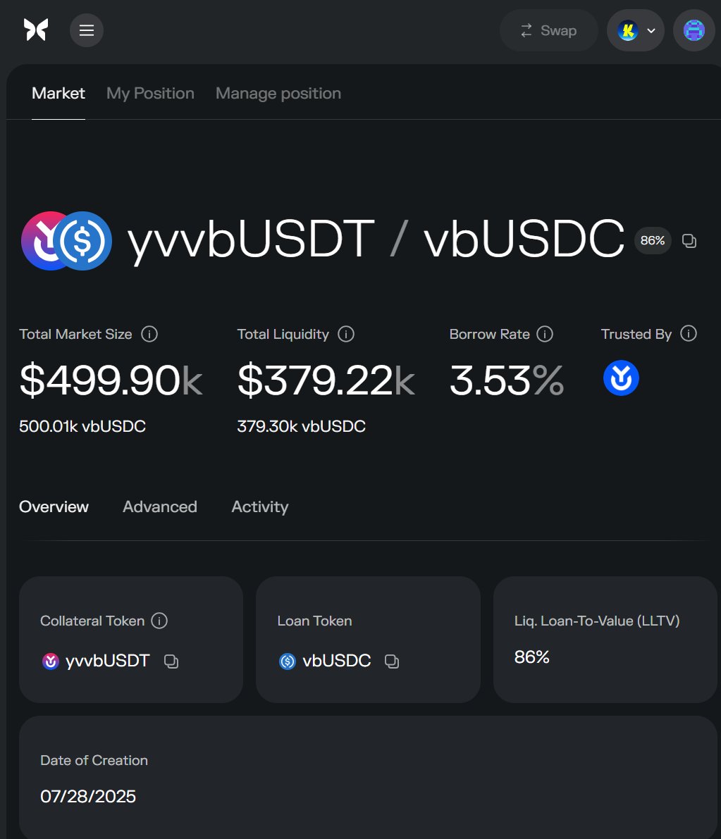 New Morpho Pools On <a href="/katana/">katana ⚔️</a> - A Guide ⚔️

So there's a new looping tactic that works between <a href="/MorphoLabs/">Morpho 🦋</a> and the Katana app's vaults.

To use this loop, you'll need yvvbUSDC.

Yeah, TF is that. Well, I'm going to explain what yvvbUSDC means, why it's called that, how it earns