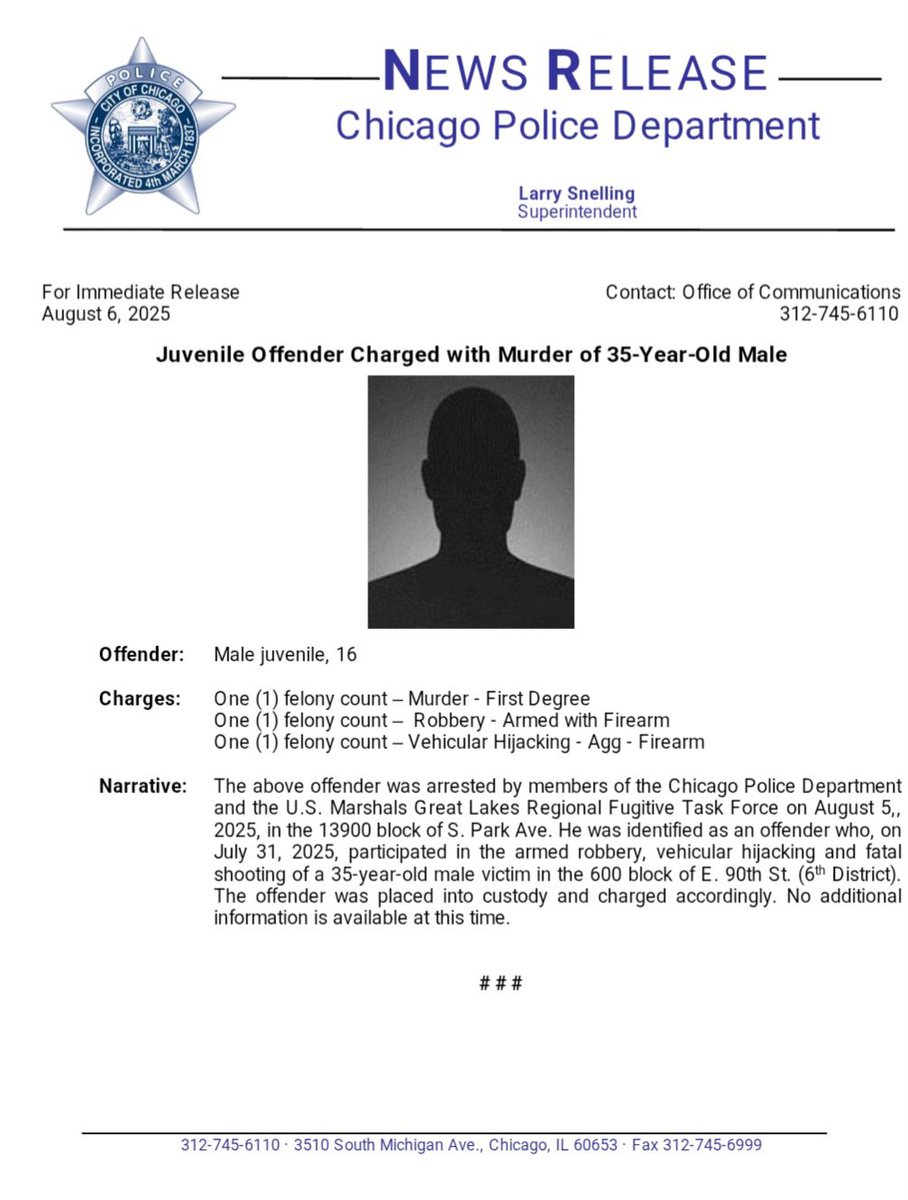 Tom Ahern (@tahern_) on Twitter photo Juvenile Offender 16, Charged with First Degree Murder <a href="/ChicagoCAPS06/">6th District - Gresham</a> <a href="/Area2Detectives/">Chicago Police Area 2 Detectives</a> U.S. Marshals Great Lakes Regional Fugitive Task Force #ChicagoPolice Juvenile Offender 16, Charged with First Degree Murder <a href="/ChicagoCAPS06/">6th District - Gresham</a> <a href="/Area2Detectives/">Chicago Police Area 2 Detectives</a> U.S. Marshals Great Lakes Regional Fugitive Task Force #ChicagoPolice