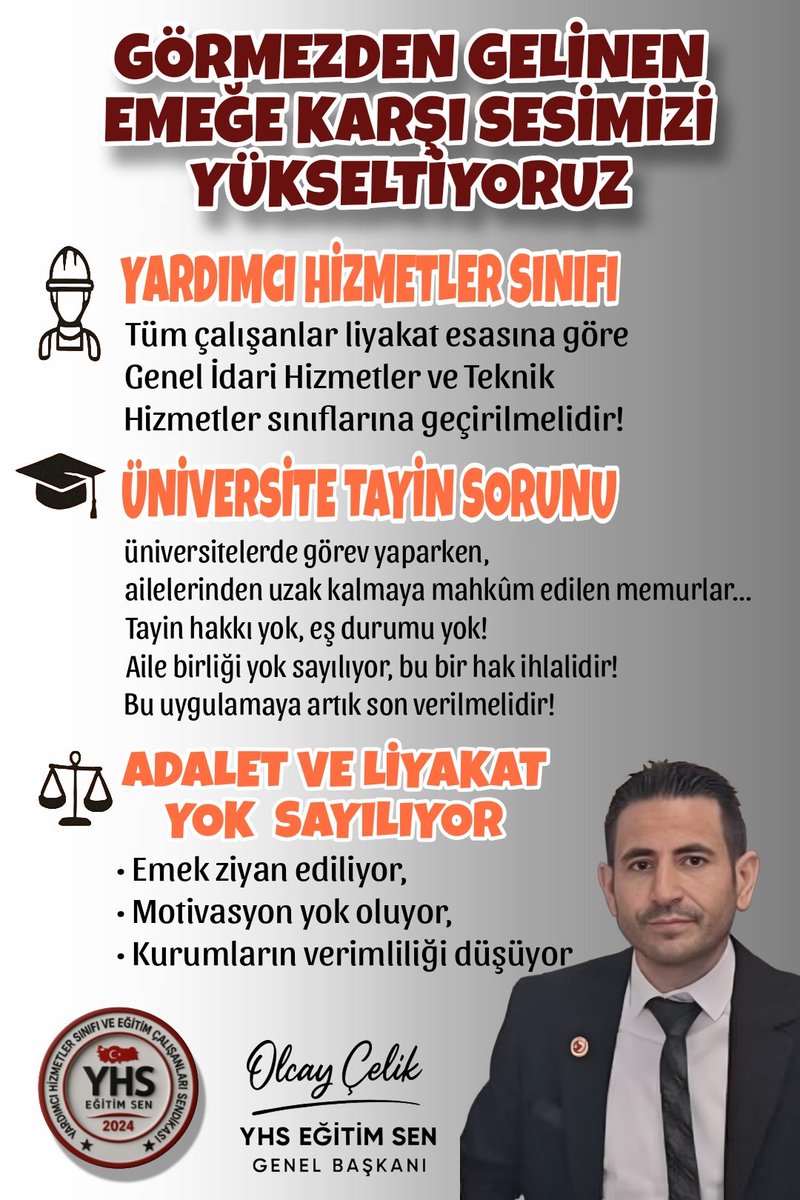 yhsplatform's tweet photo. 🔴 GÖRMEZDEN GELİNEN EMEĞE KARŞI SESİMİZİ YÜKSELTİYORUZ

👷 YARDIMCI HİZMETLER SINIFI

Tüm çalışanlar liyakat esasına göre
Genel İdari Hizmetler ve Teknik Hizmetler sınıflarına geçirilmelidir!

🎓 ÜNİVERSİTE TAYİN SORUNU

Üniversitelerde görev yaparken,
ailelerinden uzak kalmaya mahkûm edilen memurlar…
Tayin hakkı yok, eş durumu yok!
Aile birliği yok sayılıyor, bu bir hak ihlalidir!
Bu uygulamaya artık son verilmelidir!

⚖️ ADALET VE LİYAKAT YOK SAYILIYOR

Emek ziyan ediliyor,

Motivasyon yok oluyor,

Kurumların verimliliği düşüyo
#YhsMemurHakkınıİstiyor
#YardımcıHizmetlerSınıfı

@RTErdogan @hasandogan
@eczozgurozel @csgbakanligi  @MDervisogluTR @HMBakanligi
@ErbakanFatih 
@_cevdetyilmaz @ComezTurhan @gamzetascier @hasanozturkmen
@melih_meric @gamzeilgezdi @aefakibaba @Mahi_Nur @mustafaelitas
@isikhanvedat
@mehmetozhaseki
@yilmaztunc
@leylasahinusta
@avomerozmen
@yavuzatar
@aselimkoroglu
@mustafaakis
@oktay_saral @cenginyurt52
@cemilertem
@mehmetucum
@Y_Akdogan
@drsoysal
@farukozcelikgsb
@drhasansert
@Hayati_Yazici
@mkulunk
@belginuygur10
@TugrulTurkes @selcukktepeli
@fethigurer @selcukozdag @SalihUzunDr  @avidrissahin @abdulhamitgul @memetsimsek 
@avademyildirim @azmiekinci34 @bayramsenocak @avbehiye @busrapaker @cuneytyuksel_ @deryaayaydin34