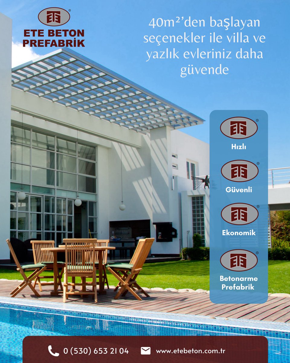 Hayalinizdeki villa veya yazlık artık daha yakın!
40m²’den başlayan betonarme prefabrik ev seçeneklerimizle hem güvenli, hem ekonomik, hem de hızlı çözümler sunuyoruz.

✨

📍 Şehrinize özel projeler için bizimle iletişime geçin!
📞 0 (530) 653 21 04
🌐 etebeton.com.tr