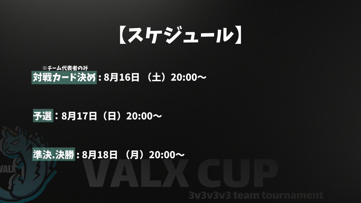 VALX_e_sports (@valx_esports) on Twitter photo 【重大告知】VALXcupを開催💰賞金総額7000円
試合形式:3V3V3V3のFFA対抗戦
【参加条件】
チームアカウントのフォロワー150人以上
<a href="/VALX_eSports/">VALX_e_sports</a>のフォロー
このツイートをリポスト&❤いいね
応募期間:8月7日(木)~8月13日(水)23:59〆
応募フォームは⬇️
forms.gle/ch6aQvjUcb1dDS…
#賞金付き 【重大告知】VALXcupを開催💰賞金総額7000円
試合形式:3V3V3V3のFFA対抗戦
【参加条件】
チームアカウントのフォロワー150人以上
<a href="/VALX_eSports/">VALX_e_sports</a>のフォロー
このツイートをリポスト&❤いいね
応募期間:8月7日(木)~8月13日(水)23:59〆
応募フォームは⬇️
forms.gle/ch6aQvjUcb1dDS…
#賞金付き