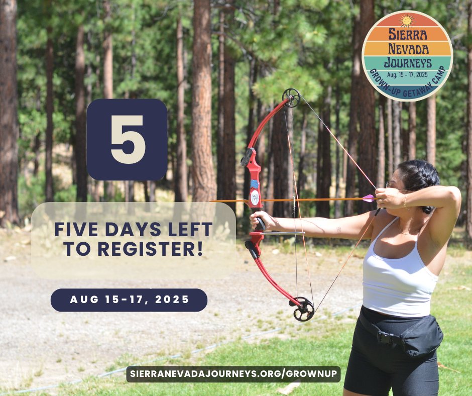 Registration closes Aug. 11 for Grown-Up Getaway Camp! 🎉

Join us Aug. 15–17 for:
🎤 Karaoke
🎧 DJ pool party
🎨 Paint ’n Sip
🎶 Live music by Nightbrain
Don’t miss the fun: sierranevadajourneys.org/grownup