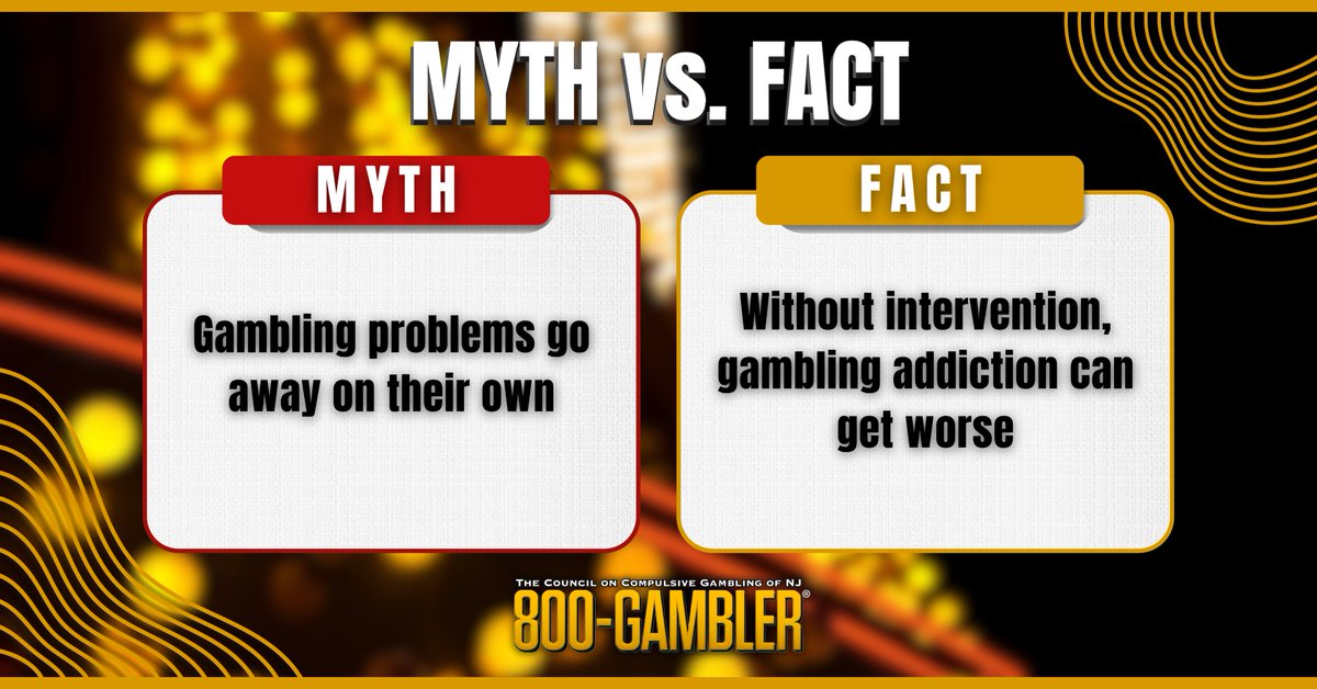 ccgofnj's tweet image. Hoping gambling problems will “just go away” can make things worse. Support and intervention can change the path forward.

📞 Call or text 800-GAMBLER for confidential help. 

#MythVsFact #GamblingHelp