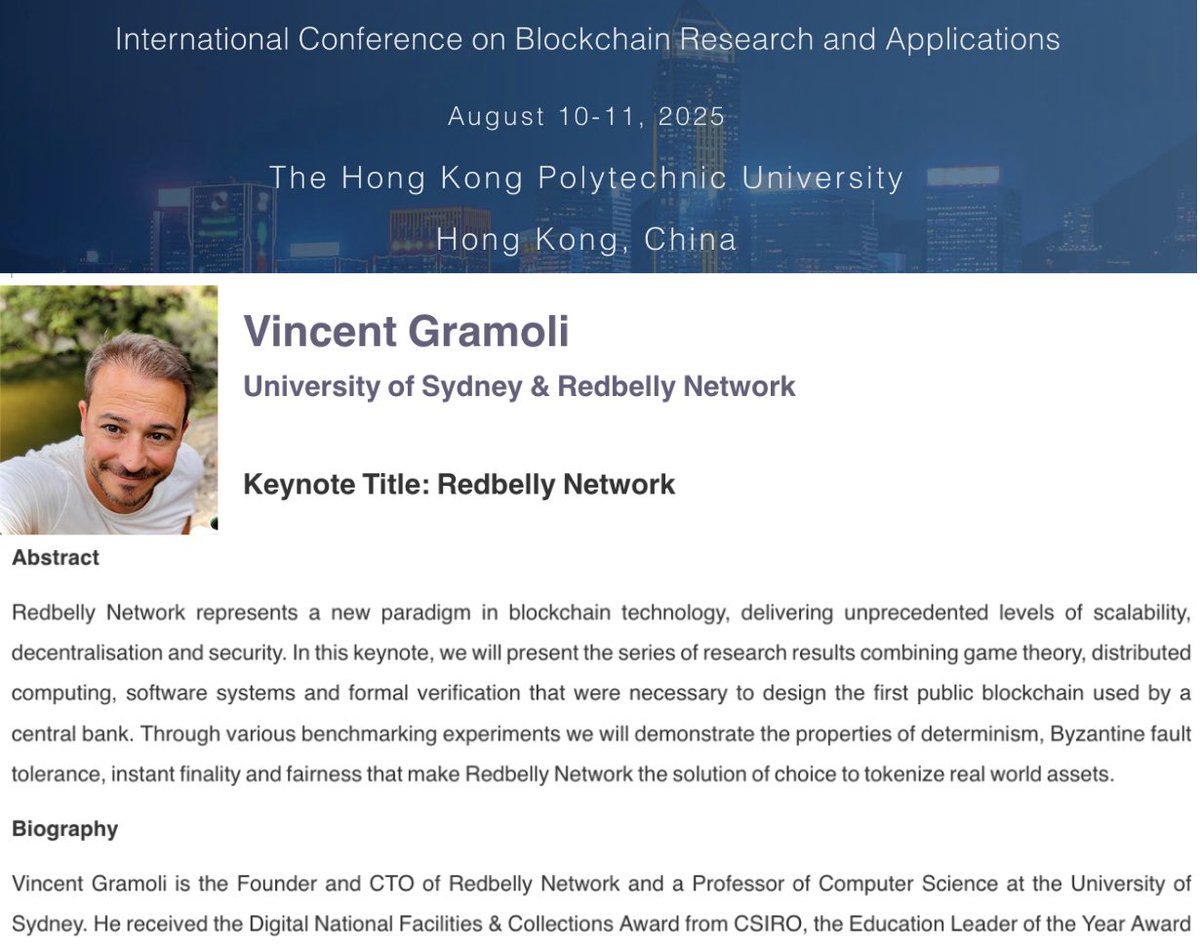 RedbellyNetwork's tweet image. Our Founder and CTO, Prof. @VincentGramoli will be giving the opening keynote speech of the International Conference on Blockchain Research and Applications in Hong Kong on Monday next week.

Prof. Gramoli will explain the series of research results combining game theory,…
