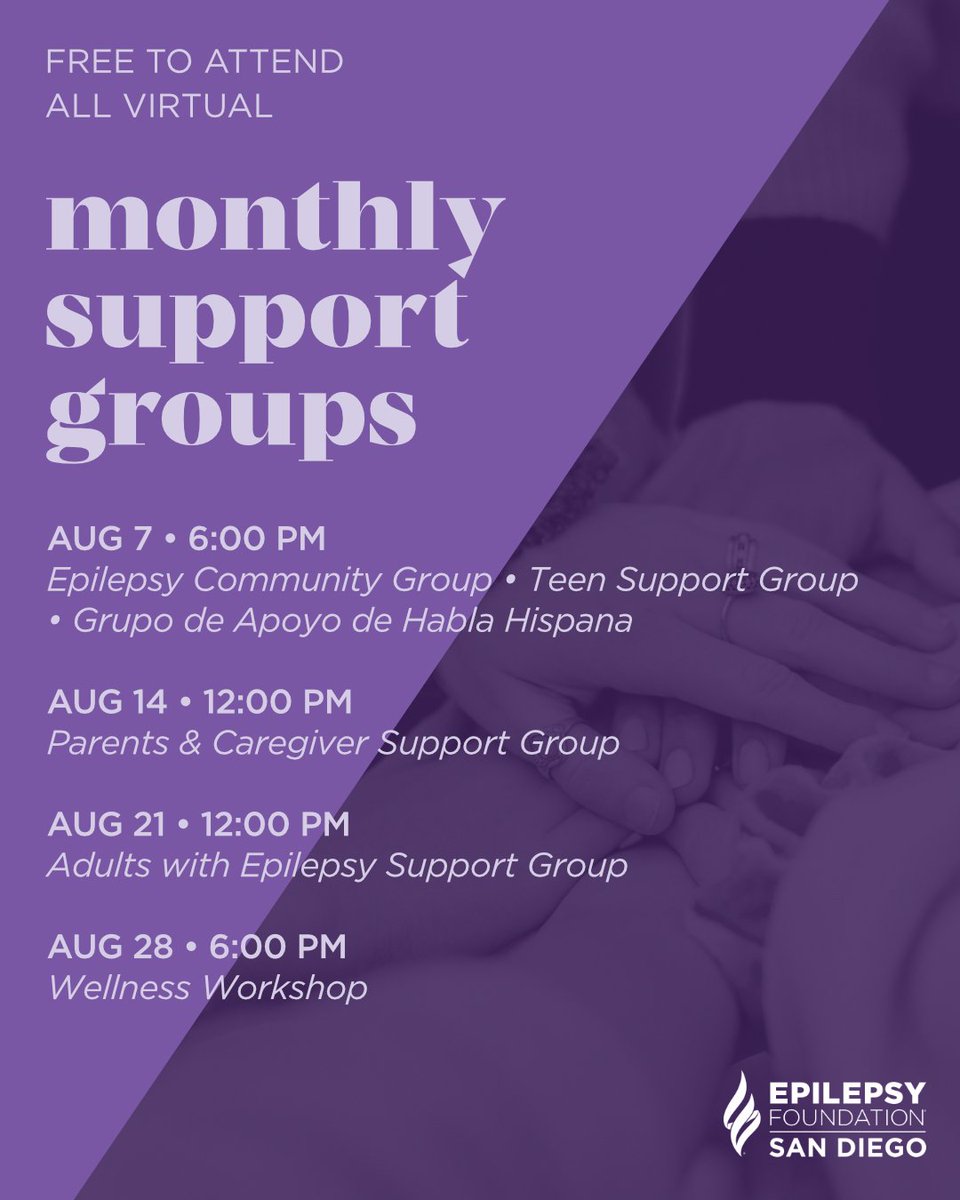 Epilepsy Foundation of San Diego (@epilepsysd) on Twitter photo Join #EpilepsySD at one of our virtual Monthly #SupportGroups in August! For info in English, contact sarah@epilepsysandiego.org. ¿Tiene epilepsia o conoce a alguien con epilepsia? Para información, contacto Gladis@epilepsysandiego.org. Join #EpilepsySD at one of our virtual Monthly #SupportGroups in August! For info in English, contact sarah@epilepsysandiego.org. ¿Tiene epilepsia o conoce a alguien con epilepsia? Para información, contacto Gladis@epilepsysandiego.org.