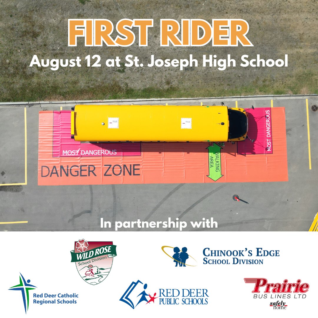 We're less than a week out from First Rider stop #1: Red Deer.

Stop by on August 12 any time between 3:00 - 7:00 pm. Parents should plan on spending approximately 45 minutes on site.

Visit rdcrs.ca/transportation… for more information.

#WeAreRedDeerCatholic #FirstRider