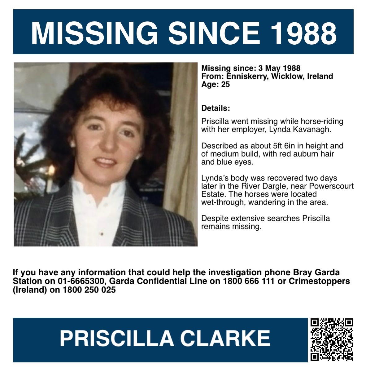 Missing Persons Support (@misperssupport) on Twitter photo It is Priscilla Clarke’s birthday today, please keep her family in your thoughts 🙏🏻
 
If you have information that could help the investigation, phone Bray Garda Station on 01-6665300, Garda Confidential Line on 1800 666 111 or Crimestoppers (Ireland) on 1800 250 025.
An Garda It is Priscilla Clarke’s birthday today, please keep her family in your thoughts 🙏🏻
 
If you have information that could help the investigation, phone Bray Garda Station on 01-6665300, Garda Confidential Line on 1800 666 111 or Crimestoppers (Ireland) on 1800 250 025.
An Garda