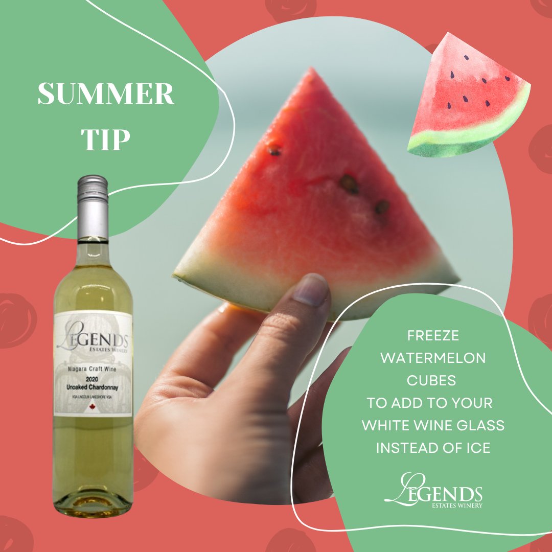 ☀️🍉 SUMMER TIP: Freeze watermelon cubes to add to your white wine glass instead of ice 🍉🍉🍾

🍷Store Hours
Mon to Fri 11– 4
Saturday 10– 4
Sunday 11– 4
Otherwise by appointment 🗓

🗺4888 Ontario ST, North Beamsville, ON L0R 1B3
💻legendsestates.com

#Winetasting #summer