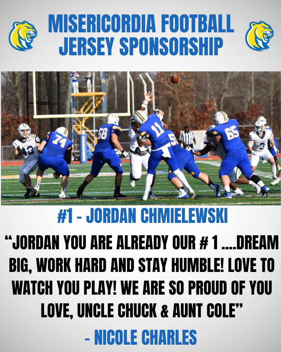 Misericordia University Football (@mucougarsfb) on Twitter photo Thank you to Nicole Charles for your sponsorship of #1 SO DB Jordan Chmielewski (<a href="/jchmielewski12/">Jordan Chmielewski</a>)
If you are interested in sponsoring a Jersey click HERE⬇️ misericordia.edu/football-jerse… Thank you to Nicole Charles for your sponsorship of #1 SO DB Jordan Chmielewski (<a href="/jchmielewski12/">Jordan Chmielewski</a>)
If you are interested in sponsoring a Jersey click HERE⬇️ misericordia.edu/football-jerse…