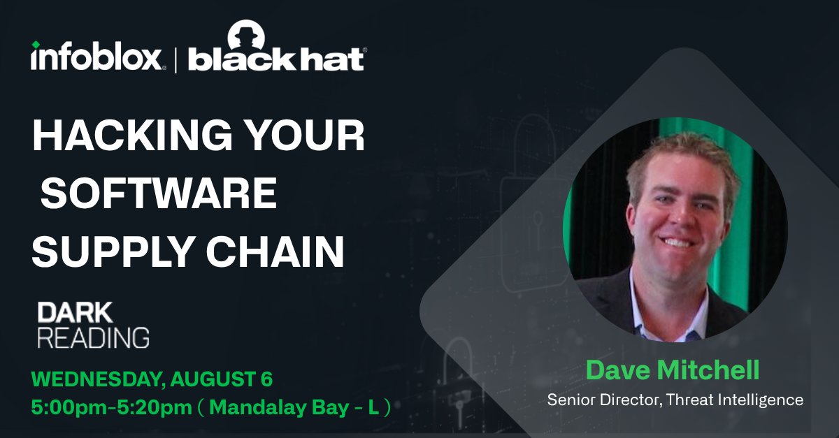 Infoblox's tweet image. At Black Hat? Head to Theater B at 3:50 PM for “Hacking Your Software Supply Chain” with Infoblox’s Dave Mitchell.

Learn how attackers embed backdoors—and how to defend your org.

📅 Wed, Aug 6
📍 Theater B

#BHUSA #Cybersecurity #Infoblox