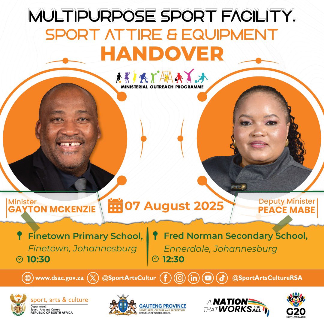 Minister Gayton McKenzie (@ministermck) on Twitter photo Minister <a href="/GaytonMcK/">Gayton McKenzie</a> & <a href="/DM_PeaceMabe/">Peace Mabe</a> will hand over two new multi-purpose sport facilities, equipment & attire to Finetown Primary & Fred Norman Secondary in Ennerdale on 7 Aug 2025. Bringing quality sport infrastructure to schools๐ฟ๐ฆ๐พ๐๐ #SchoolSport Minister <a href="/GaytonMcK/">Gayton McKenzie</a> & <a href="/DM_PeaceMabe/">Peace Mabe</a> will hand over two new multi-purpose sport facilities, equipment & attire to Finetown Primary & Fred Norman Secondary in Ennerdale on 7 Aug 2025. Bringing quality sport infrastructure to schools๐ฟ๐ฆ๐พ๐๐ #SchoolSport