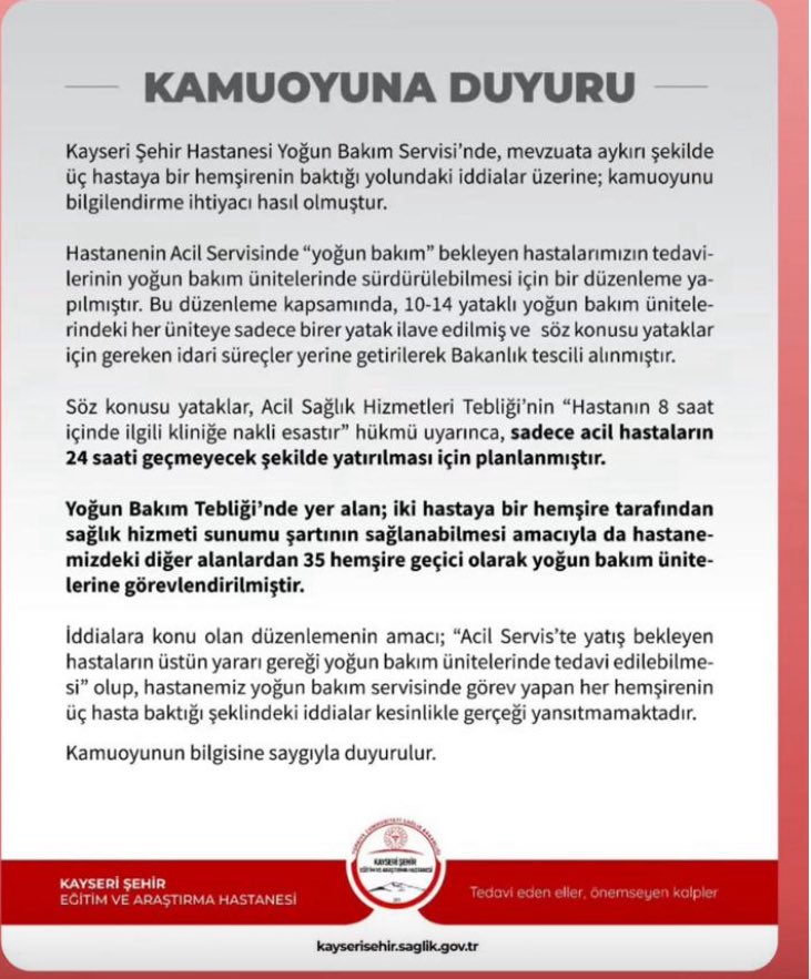 Kayseri Valisi Sn. Gökmen Çiçek'e ihbar ediyoruz! 

Mülki amiri olduğunuz Kayseri vatandaşlarına bu kurumun başhekimi ve müdürleri yalan söylüyor. 

Kayseri halkı yoğun bakımdaki hastasına yeterince hemşire hizmet verebiliyor diye düşünürken sırf bu idarecilerin beceriksizliği