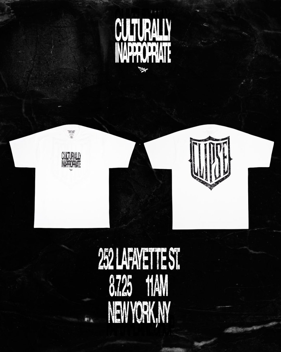 planes's tweet image. VIRGINIA to the WORLD
CLIPSE x Paper Planes Tee + Crown
Limited quantities available In-store TOMORROW  8.7.25 — 11AM
252 Lafayette St, NYC

#PaperPlanes #Clipse #CulturallyInappropriate