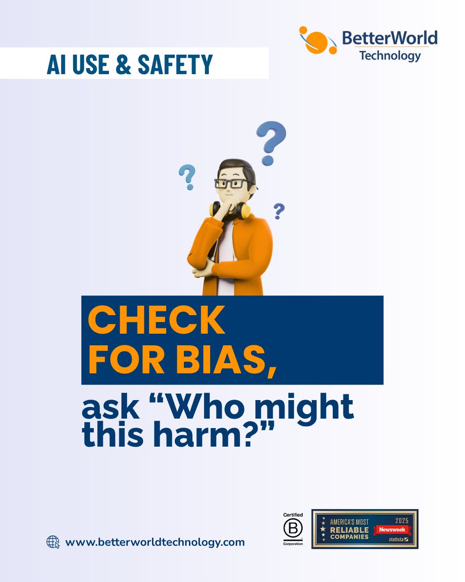 BetterWorldTech's tweet image. Do check for bias—ask “Who might this harm?”
Flash a bias detector on outputs before they reach the world.
#BiasDetection #FairAI #InclusiveTech