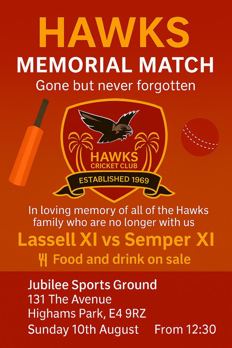 Hawks Cricket Club (@_hawkscc) on Twitter photo Come on down! 🏏
Join us for our Annual Memorial Match as we honour and celebrate the lives of past Hawks CC members and their families.
It’s a day of cricket, community, and remembrance — and we’d love to see you there.🦅
<a href="/EssexCCB/">Essex Cricket in the Community</a>
<a href="/EssexCricket/">Essex Cricket</a>
<a href="/wfcouncil/">Waltham Forest Council</a>
<a href="/AceProgramme/">The ACE Programme Charity</a> Come on down! 🏏
Join us for our Annual Memorial Match as we honour and celebrate the lives of past Hawks CC members and their families.
It’s a day of cricket, community, and remembrance — and we’d love to see you there.🦅
<a href="/EssexCCB/">Essex Cricket in the Community</a>
<a href="/EssexCricket/">Essex Cricket</a>
<a href="/wfcouncil/">Waltham Forest Council</a>
<a href="/AceProgramme/">The ACE Programme Charity</a>