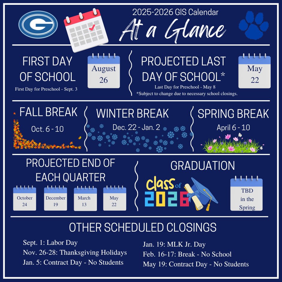 Check out the 2025-2026 GIS "At a Glance" Calendar for important dates for the upcoming school year. The full calendar can be found on the district website at glasgow.kyschools.us.