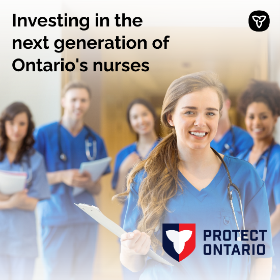 Our government is investing over $56M to educate 2,200 more nurses across Ontario.

Bolstering our pipeline of highly skilled nurses will protect Ontario’s health-care system by ensuring people can continue to connect to care close to home at hospitals, long-term care homes......