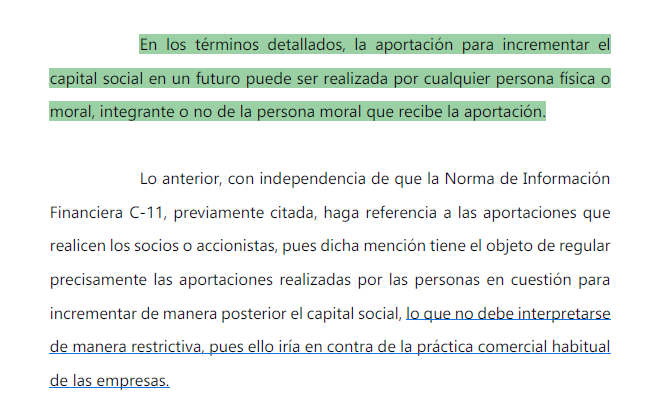 GilLuisJ92's tweet photo. APORTACIONES PARA FUTUROS AUMENTOS DE CAPITAL SOCIAL:

Dichas aportaciones pueden realizarse por cualquier persona física o moral; integrante o no de la persona moral que recibe la aportación. Lo anterior, con independencia de que la Norma de Información Financiera C-11 haga referencia a las aportaciones que realicen los socios o accionistas, lo que no debe interpretarse de manera restrictiva, pues ello iría en contra de la práctica comercial habitual de las empresas.