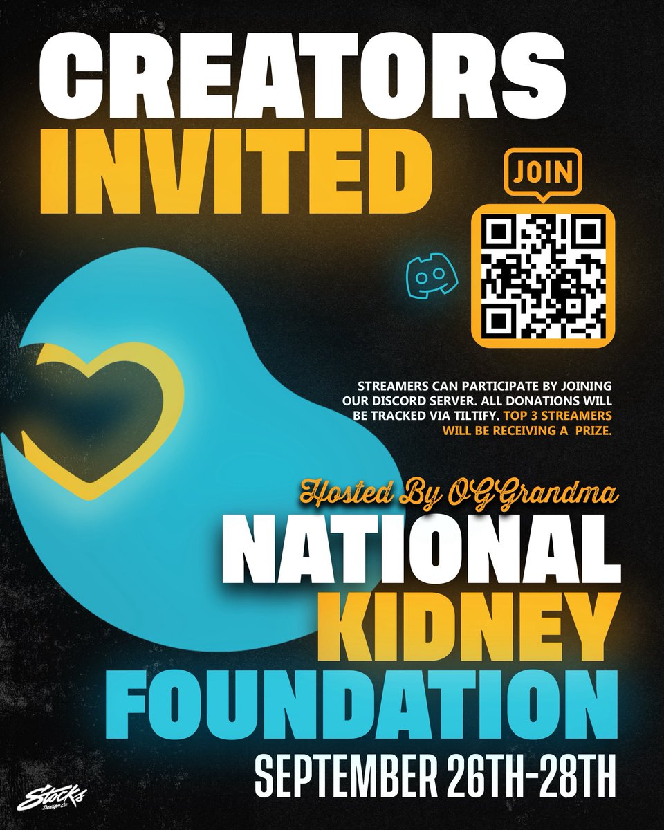 OGGrandma_Kick's tweet image. Attn: Streamers/Creators 

🎗️ Join the Fight Against Kidney Disease – National Kidney Foundation Charity Event! 🎗️
📅 September 26th–28th, 2025

I’m honored to announce a streaming charity event benefiting the National Kidney Foundation, and YOU are invited to take part! 💪

🎮…