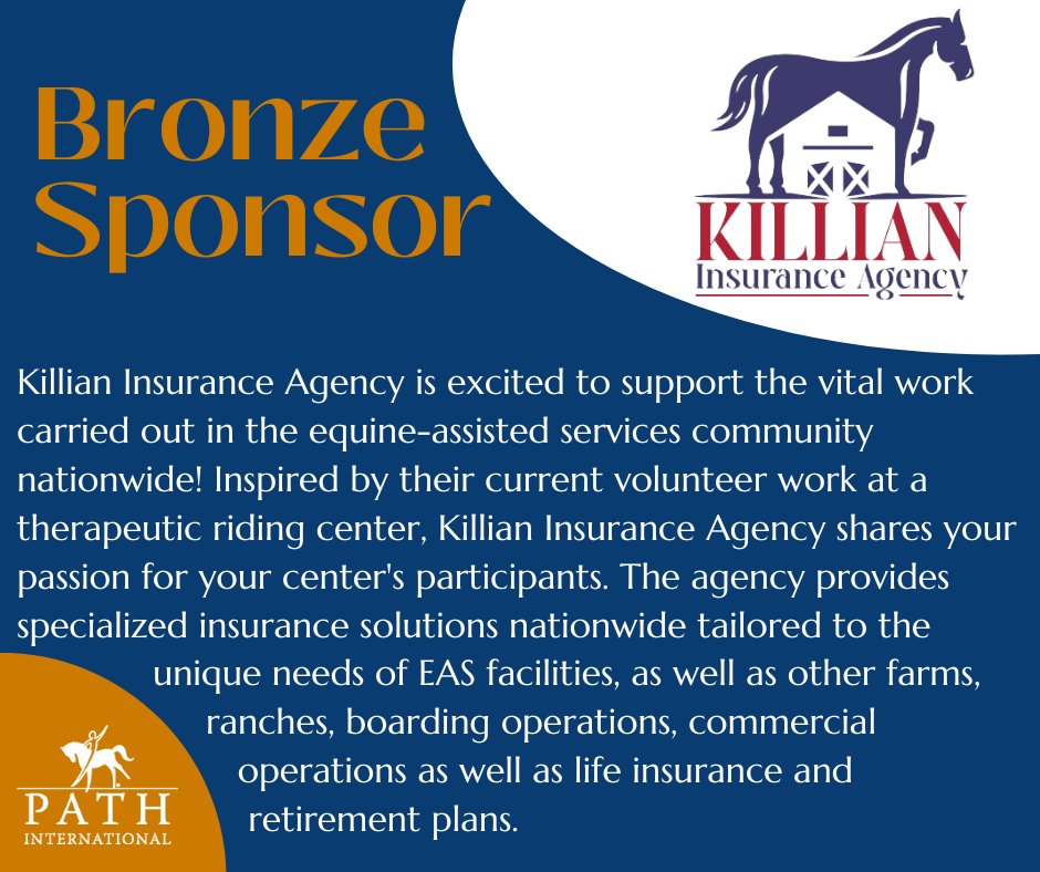 Welcome back &amp; thank you to our Bronze Sponsor Killian Insurance Agency! To learn more about Killian Insurance Agency visit: loom.ly/EiL9Agc.
To learn more about PATH Intl. sponsorship opportunities visit: loom.ly/oe2ysAY.