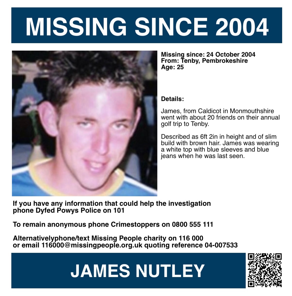 Missing Persons Support (@misperssupport) on Twitter photo It is James Nutley’s birthday today, please keep his family in your thoughts 🙏🏻
If you have any information about James or know his whereabouts, contact Dyfed Powys Police on 101 or use their online portal (link below). If you would prefer to remain anonymous, phone It is James Nutley’s birthday today, please keep his family in your thoughts 🙏🏻
If you have any information about James or know his whereabouts, contact Dyfed Powys Police on 101 or use their online portal (link below). If you would prefer to remain anonymous, phone