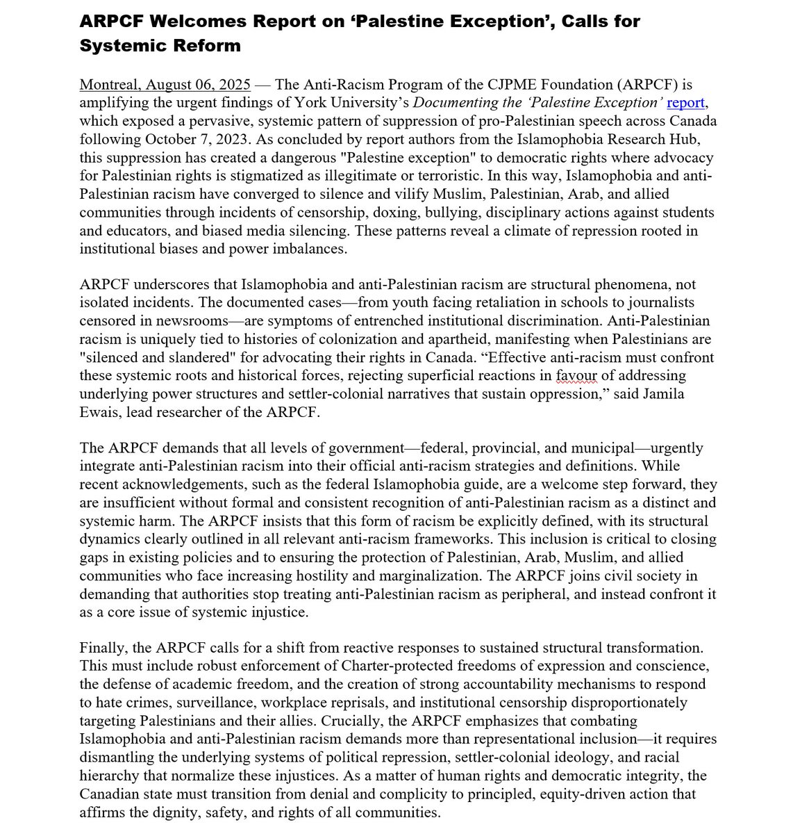 OpposeAPR's tweet image. Thank you to the Islamophobia Research Hub at York University for documenting the “Palestine Exception.” PARFC echoes the call for systemic reform — read our full statement here: cjpmefoundation.org/pr_2025_08_06_…
Read the report here: yorku.ca/laps/research/…