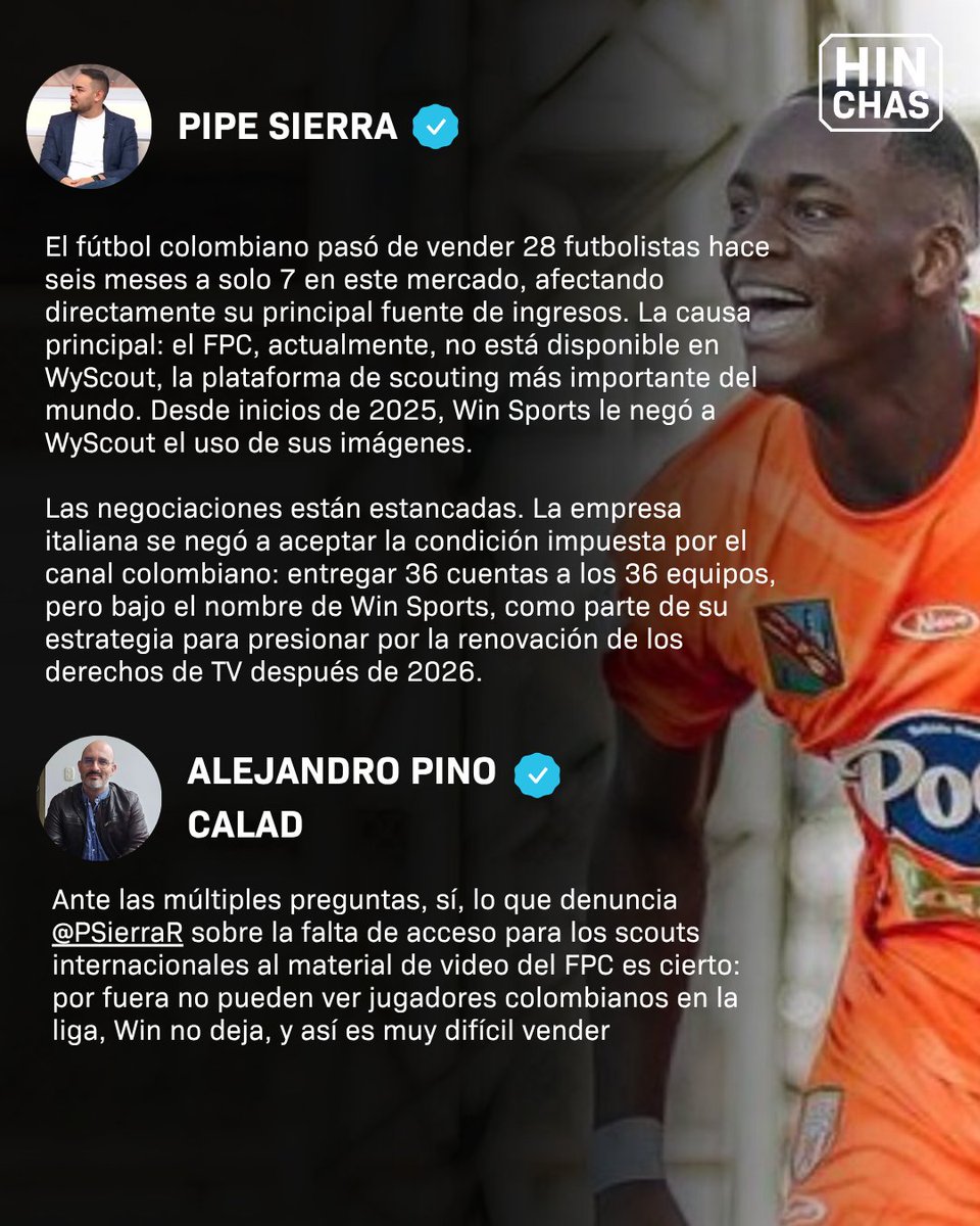 Nuevo problema en el fútbol colombiano, ahora por cuenta de Win Sports y  sus limitaciones a WyScout, la plataforma de scouting más grande del mundo.  ❌Según reportan Pipe Sierra y Alejandro Pino, image size:960x1200