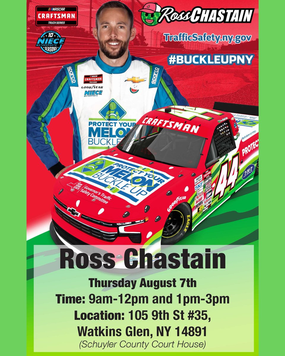 I'll be at the Schuyler County Courthouse tomorrow to visit with fans heading to the race! Come by and see the <a href="/NYSGTSC/">GTSC</a> #ProtectYourMelon display in downtown Watkins Glen! #ClickItOrTicket