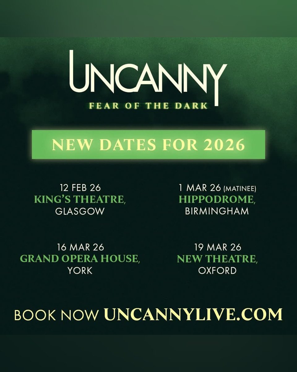 Uncanny fans! 

New dates for 2026 are now on sale! You can now get more tickets for 

👻 @kingsandroyalglasgow
👻 <a href="/brumhippodrome/">Birmingham Hippodrome</a>
👻 <a href="/grandoperayork/">Grand Opera House York</a>
👻 <a href="/NewTheatreOx/">New Theatre Oxford</a>

Link in bio!

London fans - stay tuned! 

#Uncanny #UncannyCommunity #DannyRobins #Paranormal #Podcast