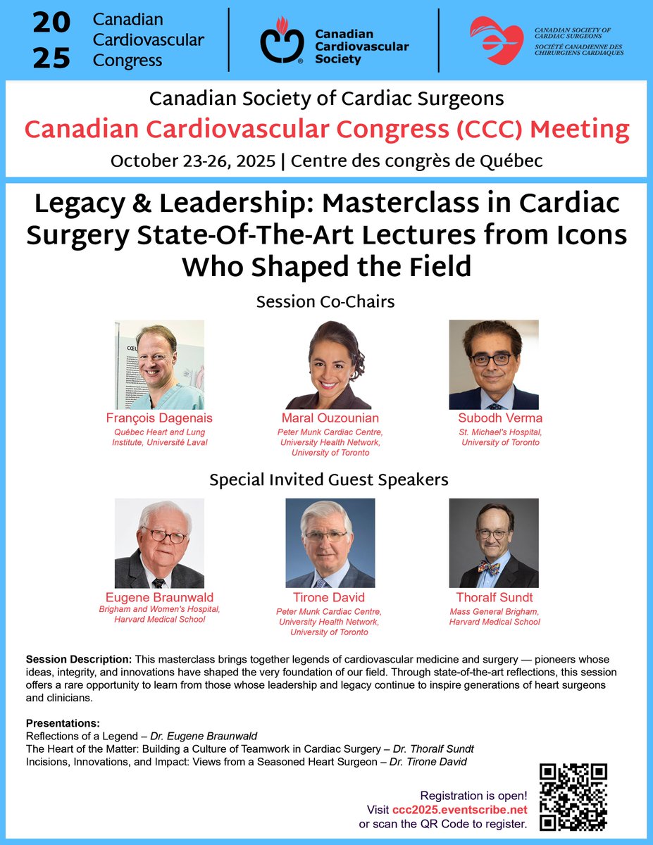 cscs_sccc's tweet image. Don’t miss the “Legacy & Leadership” session with special invited guests Dr. Eugene Braunwald, Dr. Thoralf Sundt and Dr. Tirone David. Register now at ccc2025.eventscribe.net.
@cscs_sccc#CCCongress #CardiacLegend #CardiacSurgery
