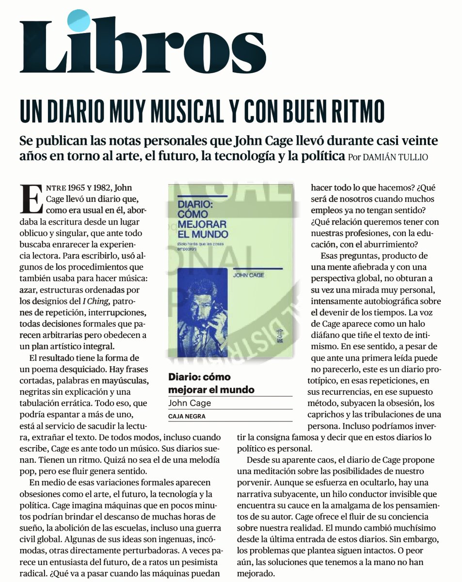 damtullio's tweet photo. Mi reseña de los diarios de John Cage editados por @cajanegraedit para el número de agosto de Rolling Stone. https://t.co/fysEhfZtqq