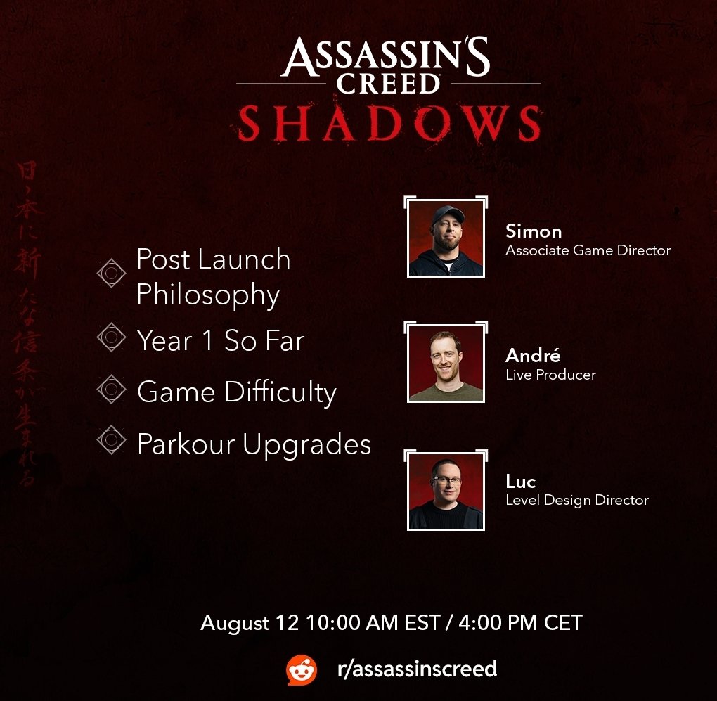 The next Assassin's Creed Shadows Reddit AMA will take place next Tuesday, August 12th. 🇯🇵

#AssassinsCreedShadows