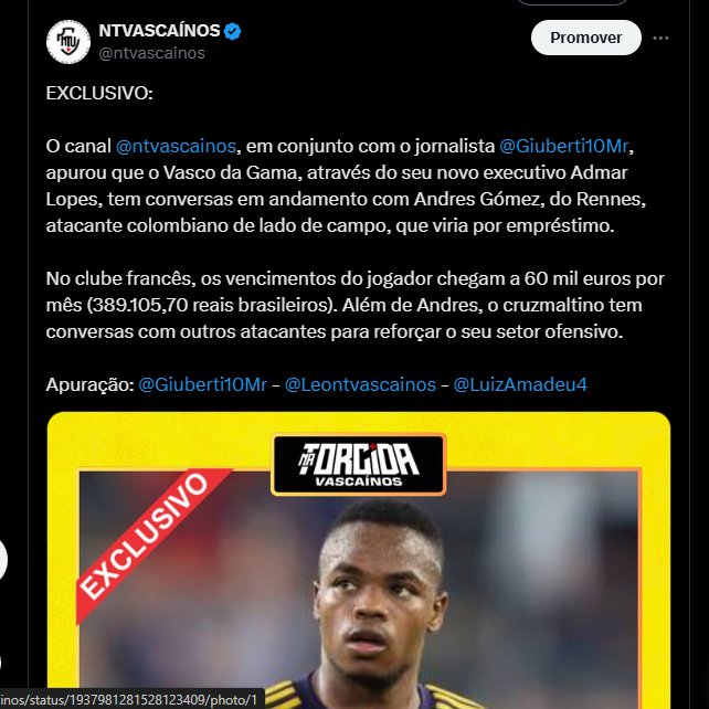 DEPOIS DO TIAGO MENDES ...

Como foi trazido em primeiríssima mão pelo Canal Na Torcida Vascaínos, juntamente com <a href="/Giuberti10Mr/">Matheus Giuberti</a>, o interesse do Vasco em Andrés Gómez parece que o ponta está chegando!!!

Lembrando que o Mendes também foi exclusivo aqui do NTV