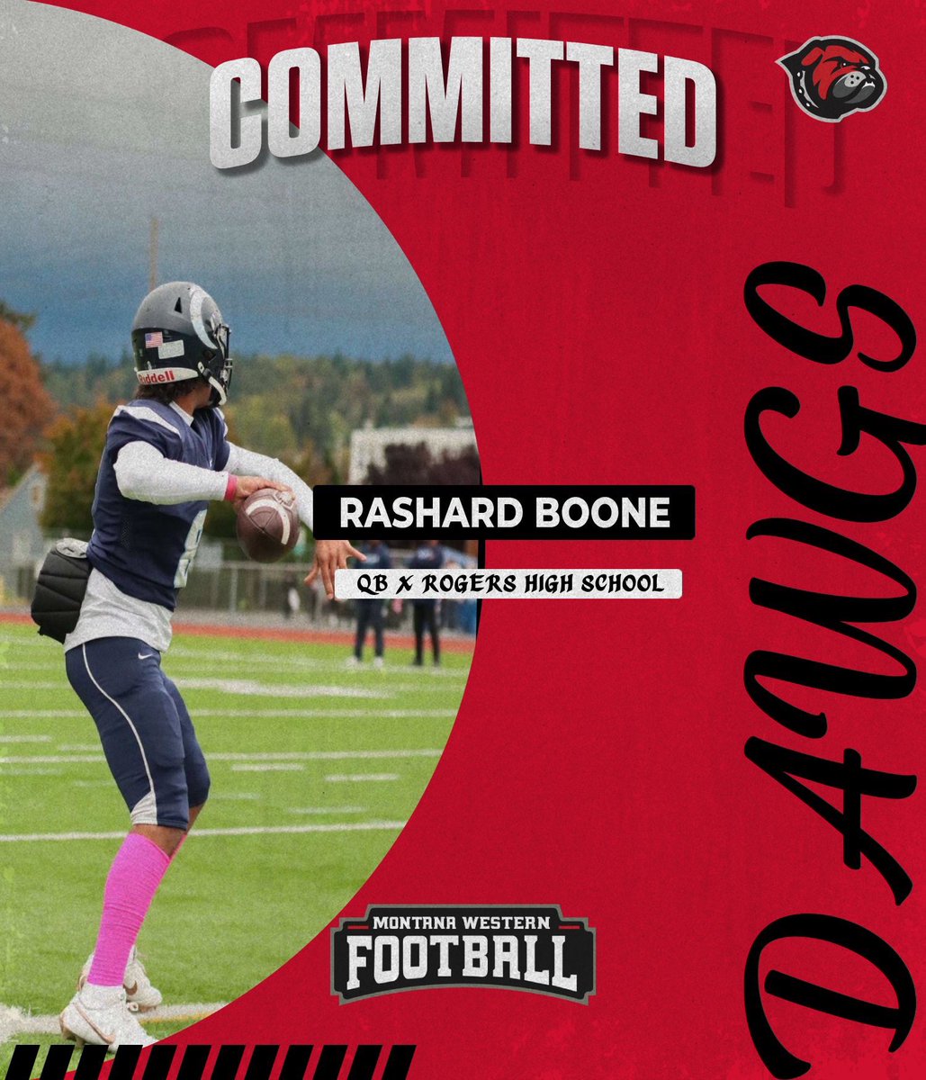 Rashard Boone (@rashard_boone) on Twitter photo Blessed to announce my commitment to continue my academic and athletic career at the University of Montana Western! Thank you to everyone who’s supported me along the way. Let’s work! 🐾🏈 #GoDawgs
<a href="/RogersRamsFB/">ROGERS Football</a>
<a href="/CoachNourse_UMW/">Ryan Nourse</a>
<a href="/zactallent11/">Coach Tallent</a>
<a href="/Coach_Martello/">Riley Martello</a> Blessed to announce my commitment to continue my academic and athletic career at the University of Montana Western! Thank you to everyone who’s supported me along the way. Let’s work! 🐾🏈 #GoDawgs
<a href="/RogersRamsFB/">ROGERS Football</a>
<a href="/CoachNourse_UMW/">Ryan Nourse</a>
<a href="/zactallent11/">Coach Tallent</a>
<a href="/Coach_Martello/">Riley Martello</a>