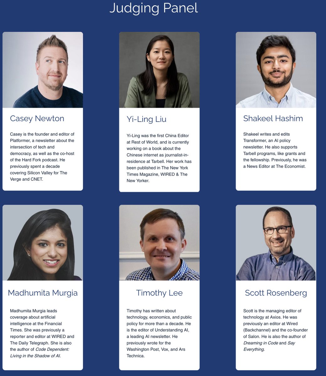 Tarbell Center (@tarbellcenter) on Twitter photo We're offering freelance journalists and staff writers grants to support original reporting on AI and its impact.
Applications will be judged by a stellar panel of editors and journos: <a href="/CaseyNewton/">Casey Newton</a> <a href="/yilingliu95/">Yi-Ling Liu</a> <a href="/ShakeelHashim/">Shakeel</a> <a href="/madhumita29/">Madhumita Murgia</a> <a href="/binarybits/">Timothy B. Lee</a> <a href="/scottros/">Scott Rosenberg</a>
Apply by Sept 14. We're offering freelance journalists and staff writers grants to support original reporting on AI and its impact.
Applications will be judged by a stellar panel of editors and journos: <a href="/CaseyNewton/">Casey Newton</a> <a href="/yilingliu95/">Yi-Ling Liu</a> <a href="/ShakeelHashim/">Shakeel</a> <a href="/madhumita29/">Madhumita Murgia</a> <a href="/binarybits/">Timothy B. Lee</a> <a href="/scottros/">Scott Rosenberg</a>
Apply by Sept 14.
