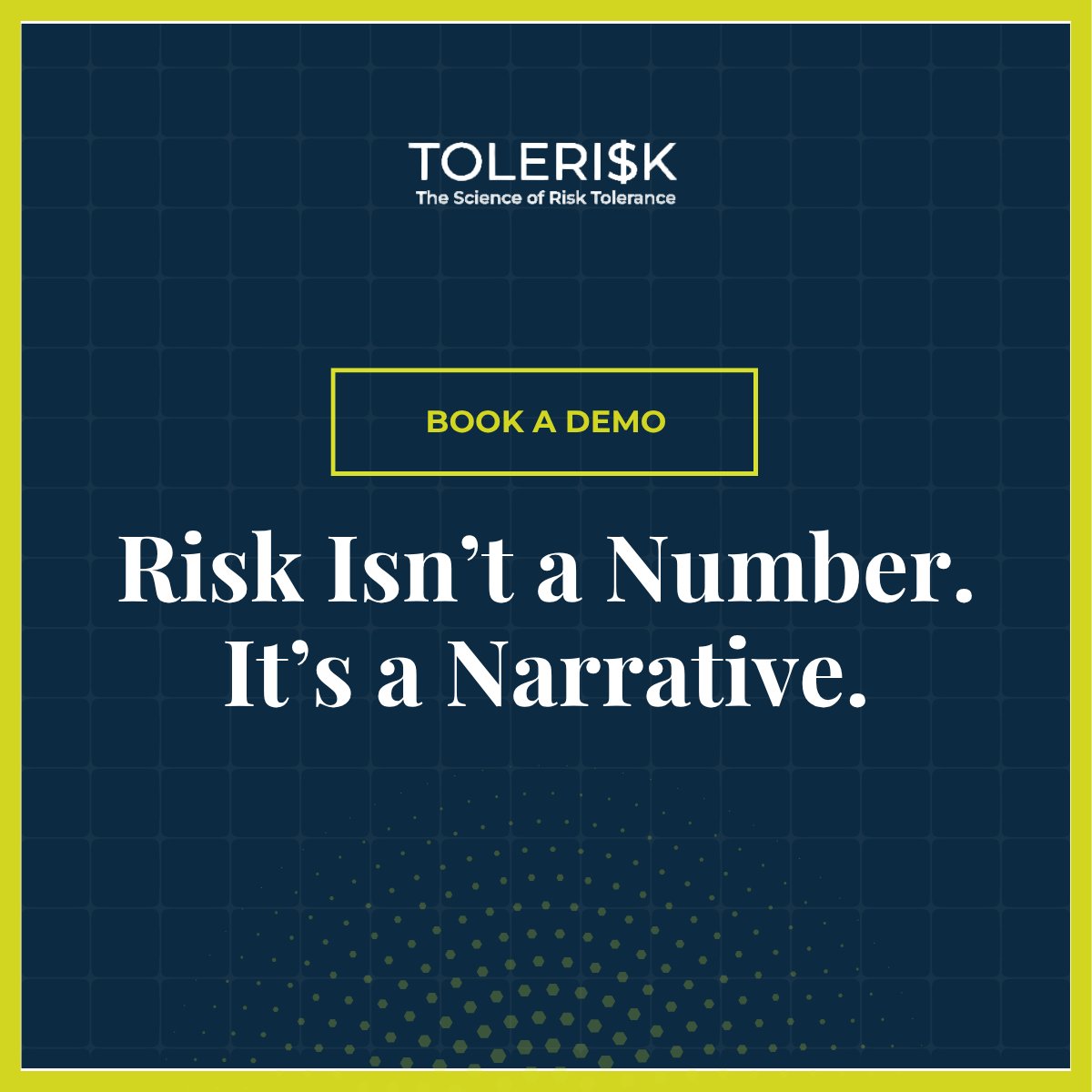 Tolerisk tells a two-dimensional story – blending behavioral insights with financial realities.

Because your clients aren’t spreadsheets. They’re people with dreams, fears, and goals.

Book a demo to see how Tolerisk brings the full picture into focus: meetings.hubspot.com/sales-at-toler…