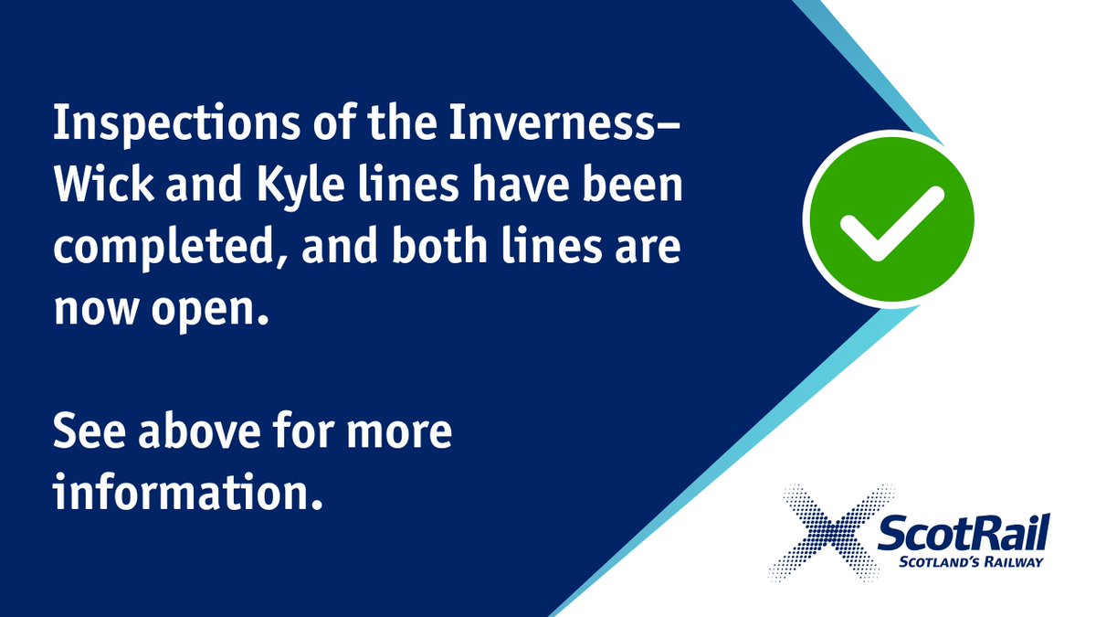 ScotRail (@scotrail) on Twitter photo ✅📢@NetworkRailScot has completed work/Inspections of the Inverness–Wick and Kyle lines and both are now open.
The 2129 Inverness - Tain service will run tonight and services between Inverness - Wick and Kyle of Lochalsh will run tomorrow with some minor revisions:
• 0618 ✅📢@NetworkRailScot has completed work/Inspections of the Inverness–Wick and Kyle lines and both are now open.
The 2129 Inverness - Tain service will run tonight and services between Inverness - Wick and Kyle of Lochalsh will run tomorrow with some minor revisions:
• 0618