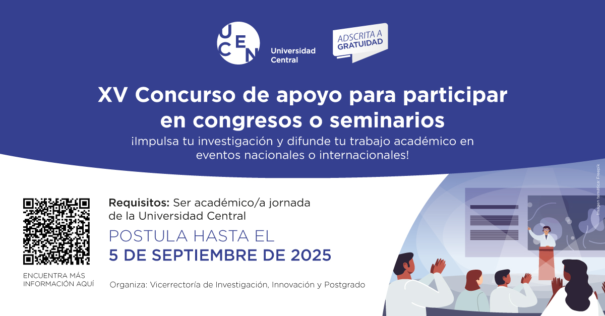 Atención comunidad 📢 se abre el XV concurso de apoyo a la participación en congresos y seminarios de nuestra vicerrectoría
Entérate de cómo postular en 👉 bit.ly/XVcongresosUCEN o escaneando el QR de la imagen 🔗