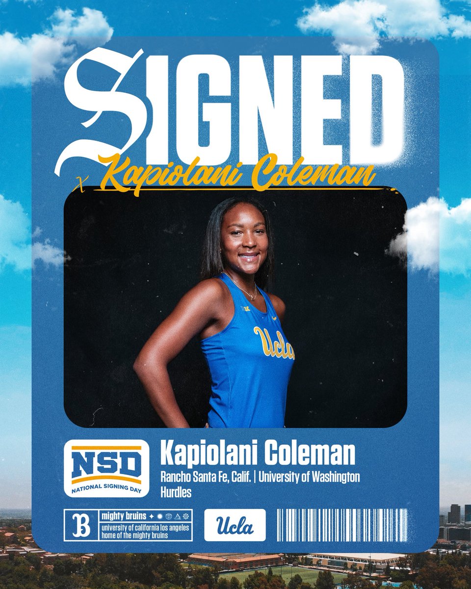 Kapiolani Coleman, a transfer hurdler via Washington, is officially a Bruin after signing with UCLA yesterday. 

Welcome to Westwood, Kapiolani!

#GoBruins