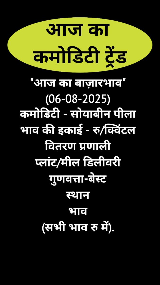 CommodityPulse's tweet image. 06-08-2025 आज का सोयाबीन का भाव ✓ #सोयाबीन #soyabean 💥