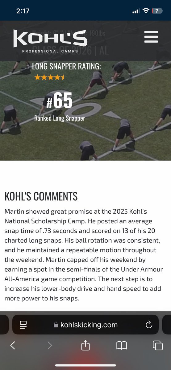 Alex Martin (@alex_martin2007) on Twitter photo Honored to announce my 4.5⭐️ Long/Short Snapper rating, after competing in Kohl’s National Invitational Camp. Only possible through God, my family, and my coaches. <a href="/McTJacketsFB/">McT Football</a> <a href="/the_coachmentor/">Coach Crenshaw M.Ed.</a> <a href="/JMorrison_FB/">John Morrison</a> <a href="/CoachJ_Remsza/">Jordan Remsza</a> <a href="/CoachNAnderson/">Nick Anderson</a> <a href="/AL6AFootball/">Alabama6AFootball</a> <a href="/AL_Recruiting/">AL Recruiting</a> <a href="/ericponio/">Eric Ponio</a> Honored to announce my 4.5⭐️ Long/Short Snapper rating, after competing in Kohl’s National Invitational Camp. Only possible through God, my family, and my coaches. <a href="/McTJacketsFB/">McT Football</a> <a href="/the_coachmentor/">Coach Crenshaw M.Ed.</a> <a href="/JMorrison_FB/">John Morrison</a> <a href="/CoachJ_Remsza/">Jordan Remsza</a> <a href="/CoachNAnderson/">Nick Anderson</a> <a href="/AL6AFootball/">Alabama6AFootball</a> <a href="/AL_Recruiting/">AL Recruiting</a> <a href="/ericponio/">Eric Ponio</a>