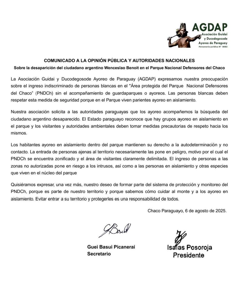 📢 Comunicado de la Asociación Guidai y Ducodegosode Ayoreo de Paraguay (AGDAP) dirigido a la opinión pública y autoridades nacionales sobre la desaparición del ciudadano argentino Wenceslao Benoit en el Parque Nacional Defensores del Chaco.
