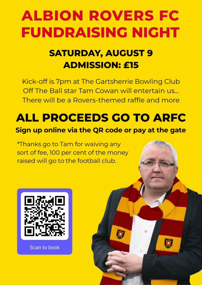 Albion Rovers FC (@albionrovers) on Twitter photo 🎫 GET YOUR TICKETS NOW 🎫
Support #ARFC this Saturday after our home <a href="/parksmotorgroup/">Park's Motor Group</a> <a href="/OfficialSLFL/">The Park’s Motor Group Scottish Lowland League</a> match against <a href="/fairydeanrovers/">Gala Fairydean Rovers</a> as we host a fundraising night with <a href="/offtheballbbc/">BBC Off The Ball</a> star Tam Cowan!
Details are on the poster attached – sign up via the link below or PATG! 🎫 GET YOUR TICKETS NOW 🎫
Support #ARFC this Saturday after our home <a href="/parksmotorgroup/">Park's Motor Group</a> <a href="/OfficialSLFL/">The Park’s Motor Group Scottish Lowland League</a> match against <a href="/fairydeanrovers/">Gala Fairydean Rovers</a> as we host a fundraising night with <a href="/offtheballbbc/">BBC Off The Ball</a> star Tam Cowan!
Details are on the poster attached – sign up via the link below or PATG!