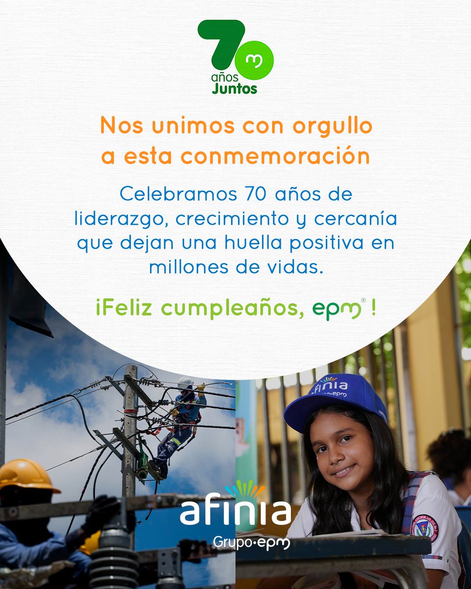💡💚 Hoy celebramos 70 años de historia, transformación y compromiso con el bienestar de millones de colombianos. Empresas Públicas de Medellín - <a href="/EPMestamosahi/">EPM estamos ahí</a> ha sido motor de desarrollo en los territorios donde opera, llevando servicios que generan oportunidades y construyen