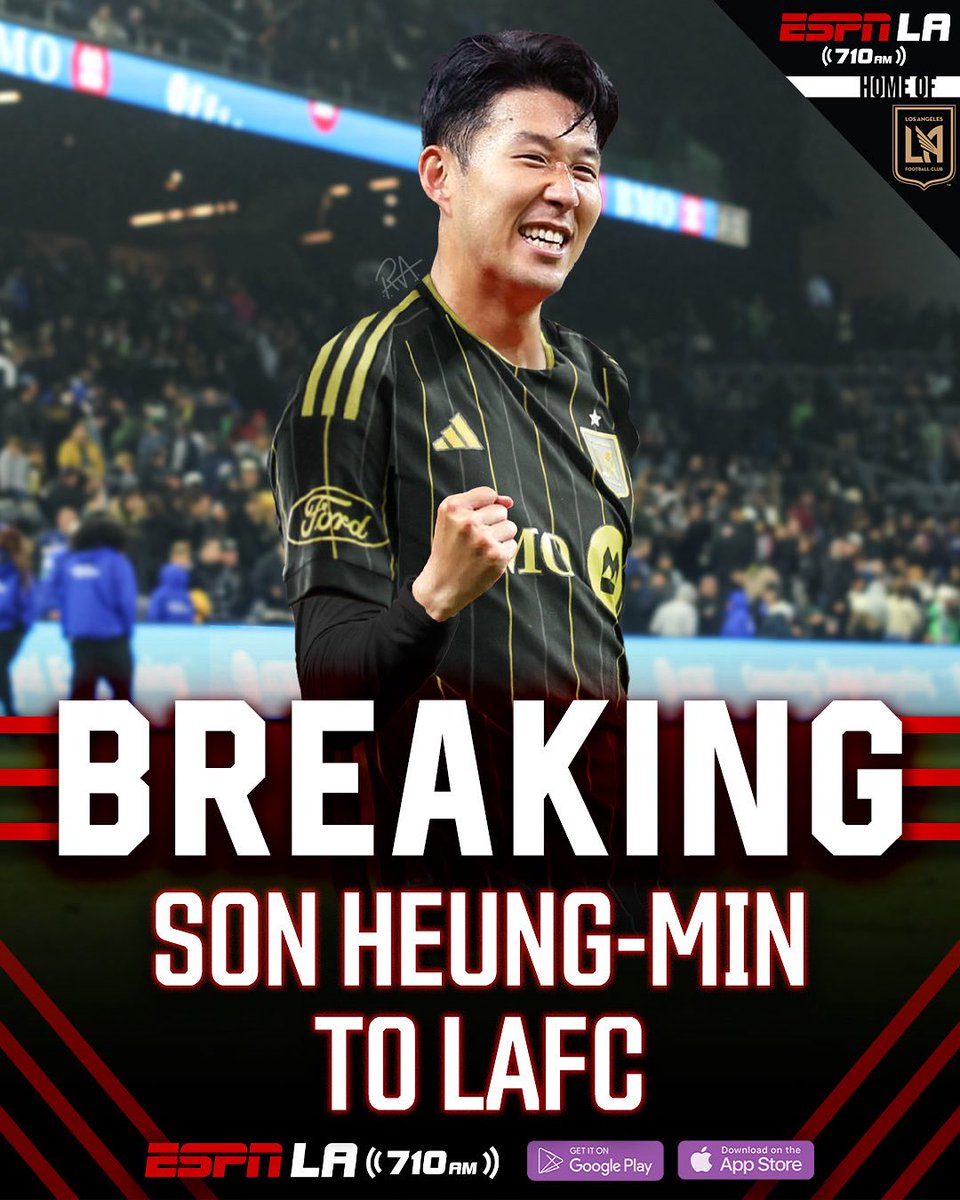 ESPN Los Angeles (@espnlosangeles) on Twitter photo Welcome to LA, Son Heung-Min☀️
LAFC is expected to sign the Korean star to a MLS record-breaking deal, sources tell ESPN.
Stay tuned for live coverage from the introductory press conference and more from <a href="/iamMarioRuiz/">Mario Ruiz</a> on Sedano & Kap! Welcome to LA, Son Heung-Min☀️
LAFC is expected to sign the Korean star to a MLS record-breaking deal, sources tell ESPN.
Stay tuned for live coverage from the introductory press conference and more from <a href="/iamMarioRuiz/">Mario Ruiz</a> on Sedano & Kap!